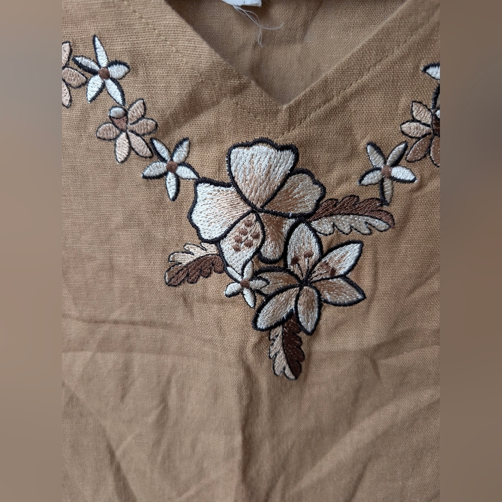 Women's Sleeveless Top Linen Blend Brown Embroidered Large Lagenlook Granola - Picture 2 of 8